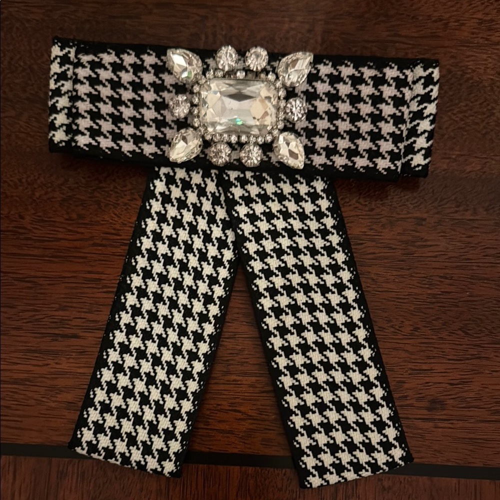Black and White Houndstooth Bow with Crystal Brooch
